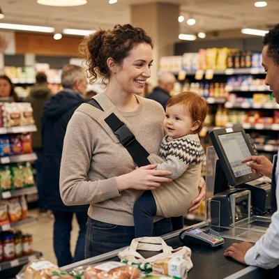 Porte bebe physio bebe maman au super marché