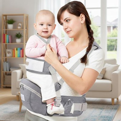 Porte bebe physiologique main libre dans le salon
