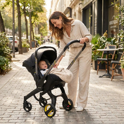 poussette 2 en 1 maman heureuse