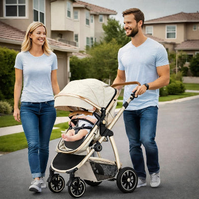 poussette 3 en 1 parents et enfant en promenade