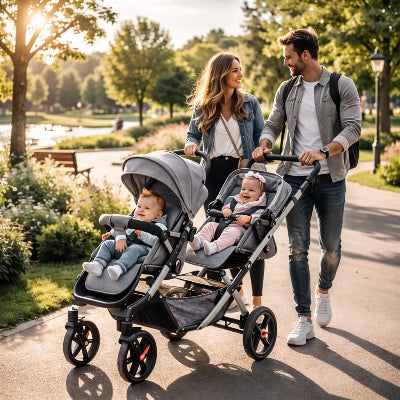 poussette double famille en promenade