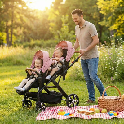 poussette jumeaux jumelles et papa en pique nique