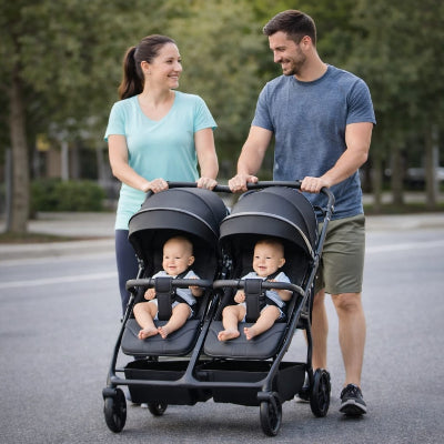 poussette jumeaux maman papa et bebes en promenade