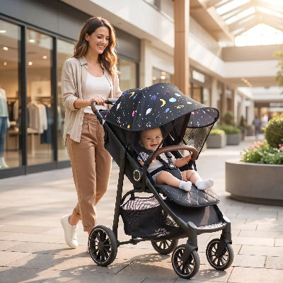 promenade centre commercial bebe protege avec par soleil poussette