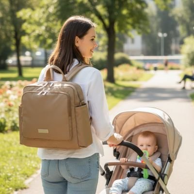 Promenade en poussette avec bebe Sac a dos a langer 