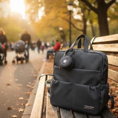 Sac a langer a dos noir sur un banc