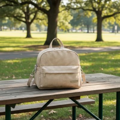 Sac a langer bebe sur un banc au parc 