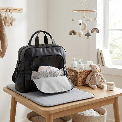 sac a langer noir sur une table